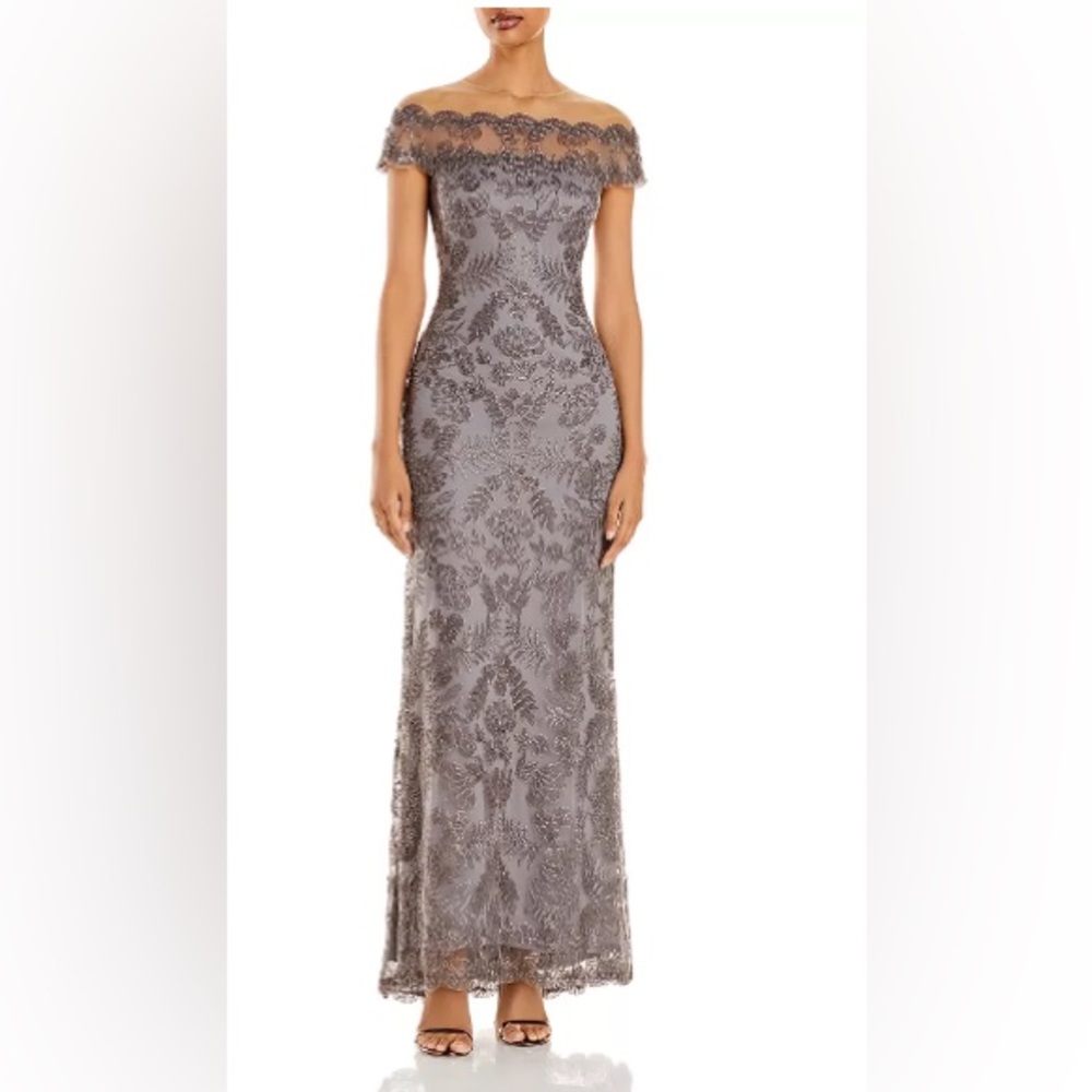 Tadashi Shoji Illusion Off-The-Shoulder Lace Gown, Color Dark Pearl, Size 4